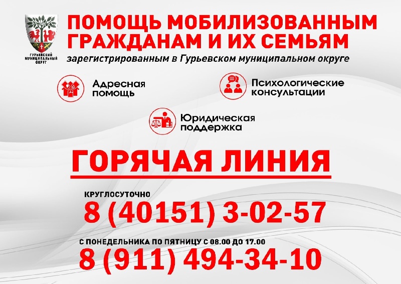 В Гурьевском округе создан муниципальный штаб по координации оказания помощи и поддержки мобилизованным гражданам, а также членам их семей в рамках общероссийской акции взаимопомощи #МЫВМЕСТЕ