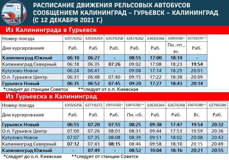 Расписание движения пригородных поездов Гурьевского направления (действует с 12 декабря 2021 г.)